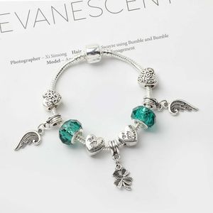 Wholesale- Charm bracelet Angle Wing Four Leaf pendant charm beads Accessories 925 silver bangle for free shipping girl women bracelets
