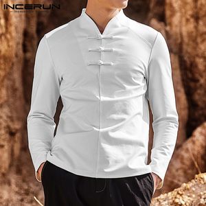 Homens de cor sólida camisa longa camisa v pescoço de algodão de algodão 2019 botão vintage estilo chinês homens roupas roupas casuais s-3xl 7
