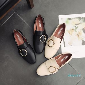Hot style - Lexuan Women's One Pedal Small Leather Shoes Round Buckle Flat Bottom England Wind Single Dawdler Shoe