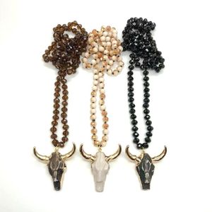 Natural crystal Stones Statement Necklaces Bohemian Tribal Skull Jewelry Long Chain Horn Pendant Necklace Spring Fashion