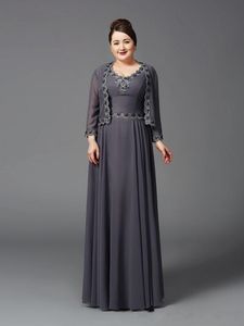 A Line V Neck Mother Of The Bridal Dresses With Long Sleeve Jacket Floor Length Grey Chiffon Appliques Women Formal Gowns