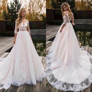 Sexy Beach Wedding Dresses 2020 New Style Illusion Bodice A Line 3 / 4 Sleeves A Lace Appliqued Tulle Vestidos De Novia