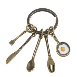 Fashion Creative Kitchen Tools Chef Gift Keychain Bronze Soup Spoon Knife Fork Pan Egg Pendant Keyring Mom Women Mother's Day Keyring