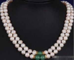 2WOW Double Strands 9-10mm Green Jade South Sea White Pearl Necklace 17-18 ''