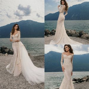 Mermaid Wedding Dresses With Detachable Train Sweetheart Long Sleeve Backless Full Appliqued Lace Bridal Dress Sweep Train Beach Bridal Gown