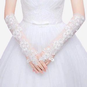 Białe rękawiczki ślubne poniżej długości łokcia Rękawiczki ślubne kobiety bez palców koronkowa aplikacja na pannę Młodną Suknia ślubna Akcesoria312t