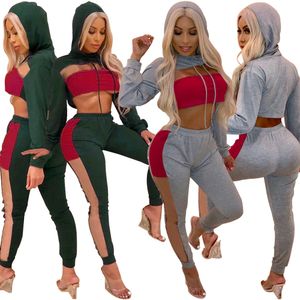 Kvinnor Fall 2 Piece Set Hoodie Leggings Tracksuit Hooded Patchwork Shirt Pant Sportswear Mesh Långärmad Crop Top Paneled Outfits LJJA2806