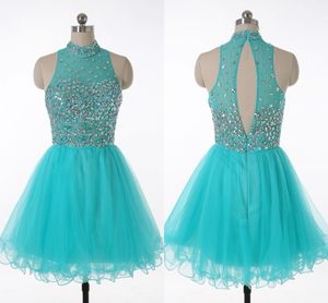 Glittering Beads Crystal Short Prom Dresses Cheap 2019 High Collar Piping Tulle A-line Homecoming Dress Graduation Party Evening Gowns