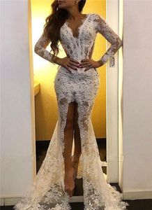 Sexy New Mermaid Wedding Dresses V Neck Long Sleeves Full Lace Appliques Front Split Sheer Sweep Train Backless Plus Size Bridal Gowns