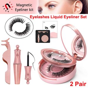 Eyelashes magnéticos com cílios líquidos magnéticos 5 ímãs Conjunto de maquiagem de pestanas 2 pares reutilizáveis ​​cílios postiços compõem espelho + tweezer sem necessidade de cola