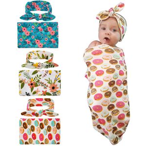 Baby Sleeping Bags headband set 2pcs/sets INS Toddler Swaddles towels Newborn flpwer Donut printed Sleep Sacks Swaddling Blanket M407