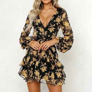 Vestidos Casuais Vestidos Folha Floral Folha Impresso Lanterna Sleeve Império Senhoras Verão Praia Mini Mulheres 2021aug9