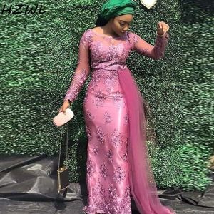 Aso Ebi sereia Vestidos africanos Com Tulle Sheer decote apliques completa mangas Fuchsia Prom Dress baratos vestidos de robe de soiree