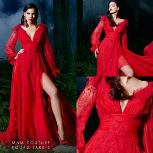 Red Evening Dresses Lace V Neck A Line Chiffon Sweep Train Long Sleeves Prom Dress Sexy Side Split Custom Made Special Occasion Gowns