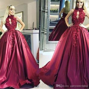 Gorgeous Burgundy High Neck Evening Prom Dresses 2019 Vintage Lace Appliqued Keyhole Quinceanera Dresses Satin Floor Length Pageant Gowns
