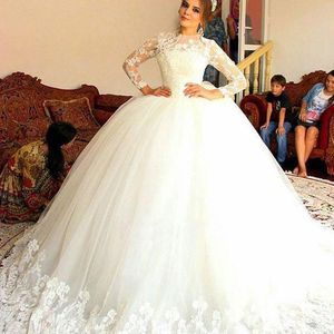 Modest Lace Tulle Long Sleeves Ball Gown Wedding Dresses Sheer Jewel Neck Illusion Lace Appliques Puffy Tulle High Quality Bridal Gowns