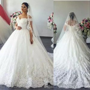 Günstige bescheidene arabische Ballkleid-Hochzeitskleider, eine Linie, schulterfrei, Dubai, Spitze, Applikationen, Korsett am Rücken, Übergröße, Hofzug, formelle Brautkleider