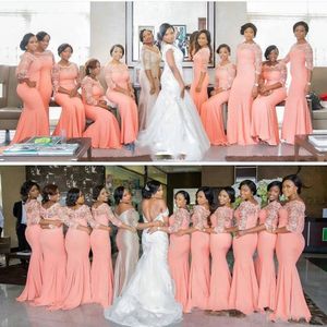 2023 Bridesmaid Dresses Plus Size Peach African Mermaid Bateau Lace 1/2 Sleeve Chiffon Long Party Dress Bridesmaid Dress Maid of Honor Gowns