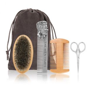 4PC Beard Brush Set Dubbelsidig Styling Comb Mustasch Sax Reparation Modellering Ansiktsrengöring Vård Olja Huvudverktyg Mäns rakning