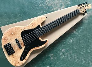 Naturträ färg 6 strängar elektrisk basgitarr med träd-burl finér, svart pickguard, lönn fingerboard utan inlay, svart hårdvara