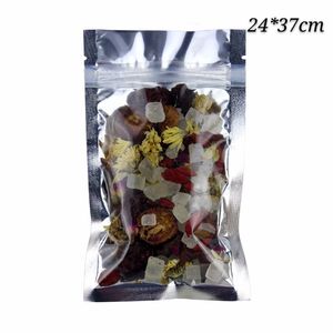 24 * 37 cm Högkvalitativa återlåsbara Clear Silver Zip Lock Packing Bags Zipper Seal Packaging Bag Kaffepaket påsar