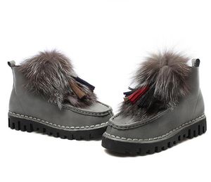 Hot Sale-Women's Natural Real Fox Fur Snow Boots Låg Äkta Läder Korta Ankel Stövlar Fur Boot Kvinna Plysch Flat Heel Winter Shoes
