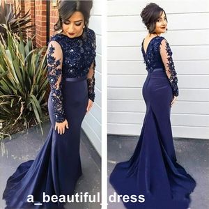 Delikatne koronkowe aplikacje Frezowanie Navy Blue Evening Dress Mermaid Długim Rękawem Syrenka Suknie Formalne Suknie Plus Rozmiar ED1279