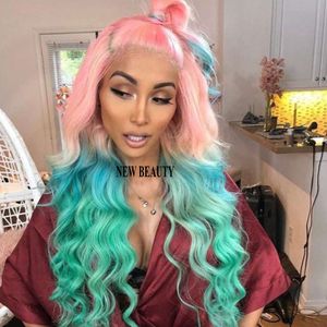 2019 mode rosa ombre grön brasiliansk hår full spets fram peruker Glödesvärt värmebeständig djupvåg cosplay syntetiska peruker för kvinnor