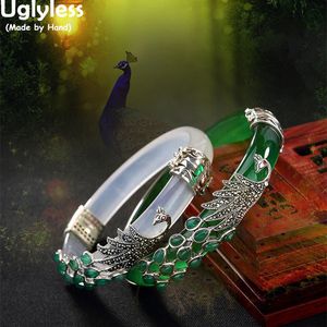 Uglyless Echt 925 Sterling Silber Armreifen für Frauen Thai Silber Tier Chalcedon Pfau Armreifen Jade Kreative Armband Schmuck CX200706