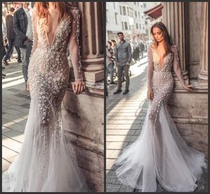 2020 Nuovo Dimitrius Dalia Abiti da sposa a sirena con scollo a V Abiti da sposa in pizzo Maniche lunghe Illusion Beach abito da sposa Personalizzato