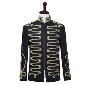 Black blazer men suits designs jacket mens stage stand collar singers clothes military uniform dress punk rock masculino homme