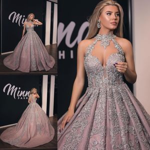 2020 Elegant Evening Dresses High Collar Sleeveless Lace Beads Prom Gowns Custom Made Sweep Train A Line Special Occasion Dress