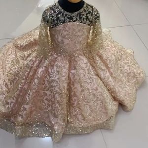 Sparkly Gold Lace Little Girls Pageant Dresses Sequined Ball Gown Flower Girl Dress For Wedding Long Sleeves First Communion Gowns