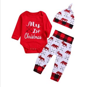 Jul Baby Kläder Min första julbrev Baby Romper Byxor Hatt 3PCS Set Långärmad Spädbarn Outfits Boutique Baby Clothing DW4164