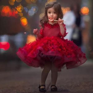 Lovely Red Girls Pageant Dresses Puffy Ball Gown Floral Appliques Tiered Knee Length Flower Girl Dress Long Sleeve Kids Formal Gowns