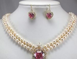 Nowy przyjście! 2 rzędy biały naszyjnik z pereł 7-8mm 17-18'' + zestaw kolczyków z różowym cyrkoniowym wisiorkiem w kształcie serca