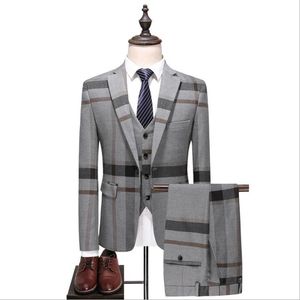 Grå Mens Vintage Plaid Suits British Style Slim Notch Lapel Groom Party Tuxedo Bröllop Tuxedos Formell Prom Suit (Jacket + Pants + Vest)