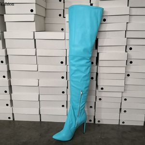 Rontic Neue Frauen Frühling über den Kniestiefel Dünne High Heels Stiefel Zeige Zehe Elegante himmelblaue Schuhe Frauen Plus US Größe 5-15