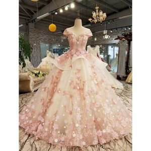 2022 Luxo 3D Bola Floral Vestidos De Noiva Desativado Ombro Designer Lace-Up Voltar Flores Cor-de-rosa Frisadas Vestidos Nupciais Vestido de Novia Real