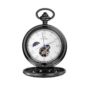 OUYAWEI Mechanical Pocket Watch Mężczyźni Najwyższa jakość Vintage wycięcie perspektywy dolna okładka ręczna kręta kieszonkowa bransoletka