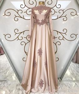 Elegancka sukienka wieczorowa Linia Islam Muzułmańska Koronka Aplikacja Plus Size Prom Dresses Długie Rękawy Wysokiej Neck Formalne Suknie Party Vestidos de Soiree