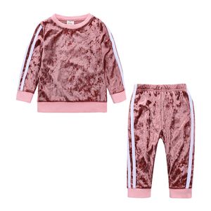 Sonbahar Kış Velvet Çocuk Bebek Kız Giysileri Setler Sold Uzun Kollu T-Shirt Üst Pantolon 2 PCS Kıyafet Setleri 1-4T Dropship