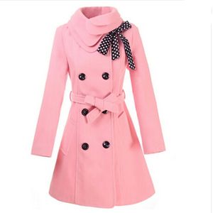 새로운 도착 여성 겨울 양모 코트 소녀 더블 브레스트 귀여운 긴 소매 bowknot 자켓
