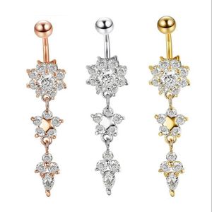 2020 New Indian Dangle Belly Bars Belly Knapp Guld Ringar Belly Piercing Crystal Flower Body Smycken Navel Piercing Ring