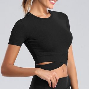 Kvinnor Casual Crop Tops Bandage Sport Strap Vest Långärmad Bandage T-shirt Workout Fitness Atletisk High Street Solid Tee