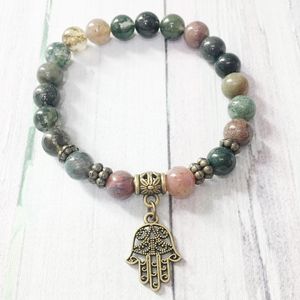 MG0411 Enkel design Naturstensarmband för kvinnor 8 mm Fancy Beads Hamsa Charm Armband Indian Agate Energy Smycken