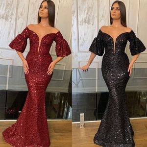 Bling Bling Sequins Prom Dresses Sexy Off Shoulder Half Long Sleeve Evening Dresses Sparkly Mermaid Runway Fashion Gowns