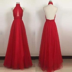 High Neck Tulle Red Evening Dresses Sheath Pleats Draped Prom Dress Long Special Occasion Dress Formal Evening Gowns Bridesmaids Cheap