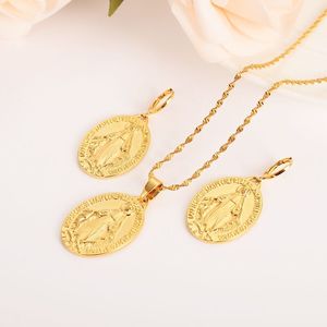 Mother Virgin Mary Necklace Earrings Set Fine Solid Gold Finish Catholic Religious crystalJewelry Set Christmas Gift Women