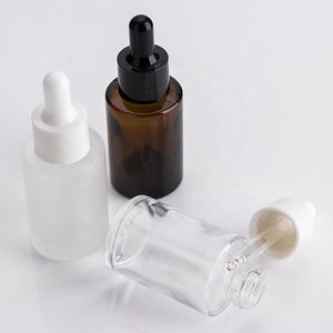 Flache Schulterglas-Behälter für ätherische Öle, 1 Unze, bernsteinfarbene Tropfflaschen aus klarem Milchglas, 30 ml, mit schwarz-weißem Verschluss